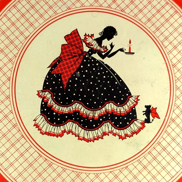 Silhouette Vintage Victorian Lady And Dog Puppy Round Tin Trinket Box Cir 1940s - Picture 7 of 10